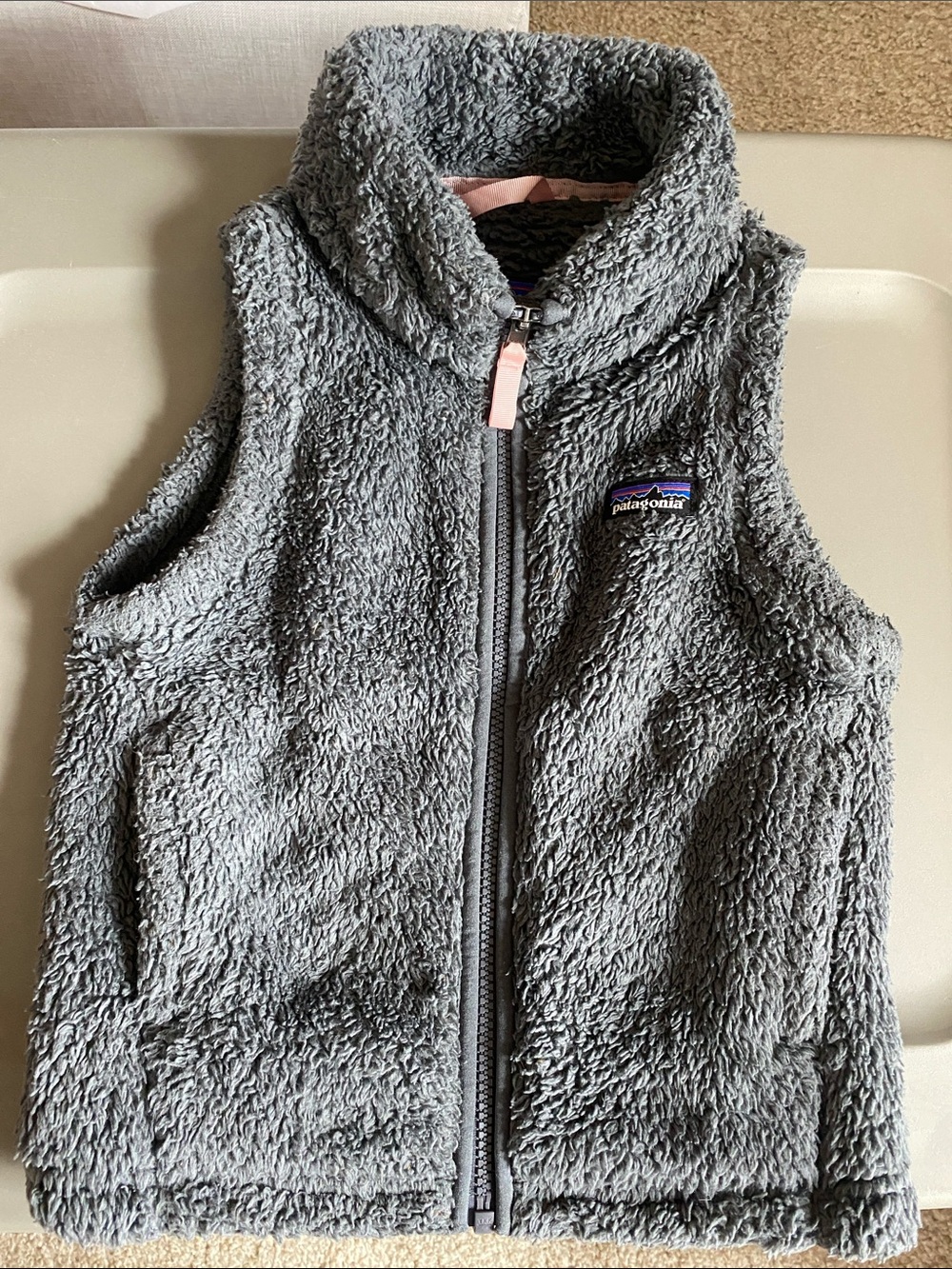 Patagonia Gray Sherpa Fleece Vest with Pink Zipper Pull